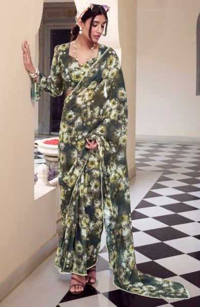 Moss Green Floral Print Chiffon Saree