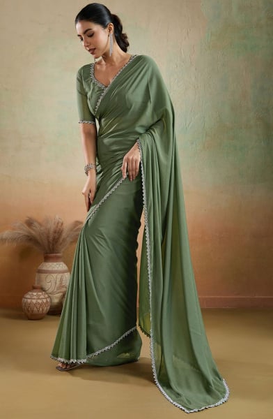 Moss Green Matte Georgette Party Wear Saree