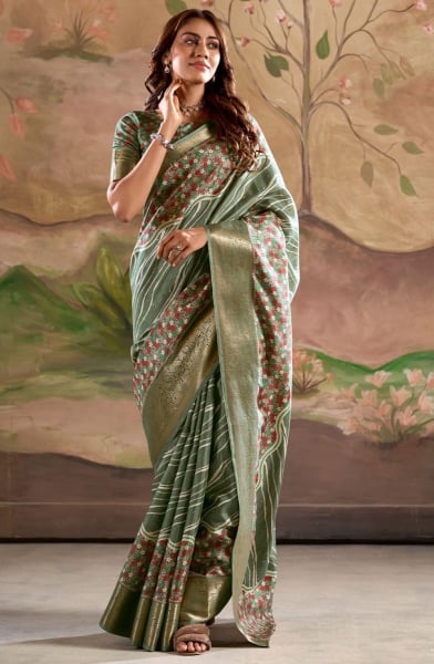Moss Green Printed Dola Silk Saree