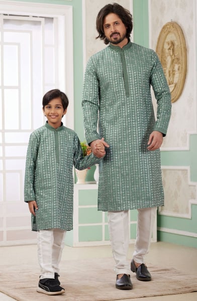 Moss Green Sequins Embroidered Art Silk Kurta Set Combo