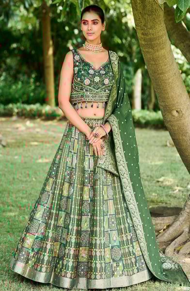 Moss Green Silk Readymade Designer Lehenga Choli