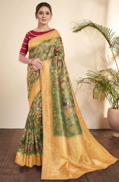 Moss Green Tissue Designer Saree for Ceremonial
