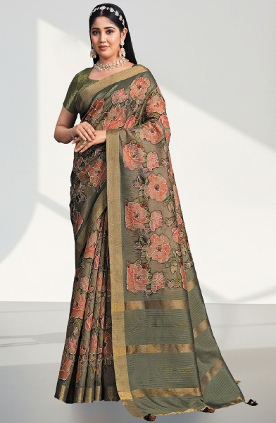 Moss Green Tussar Silk Saree for Ceremonial