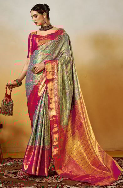 Moss Green Woven Pure Handloom Dharmavaram Silk Saree