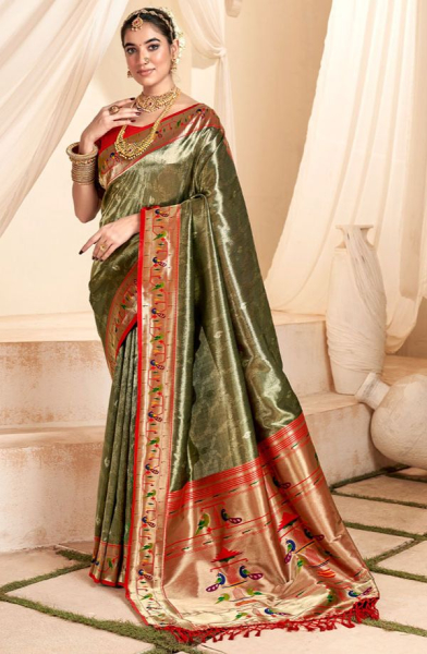 Moss Green Zari Woven Paithani Tissue Silk Saree