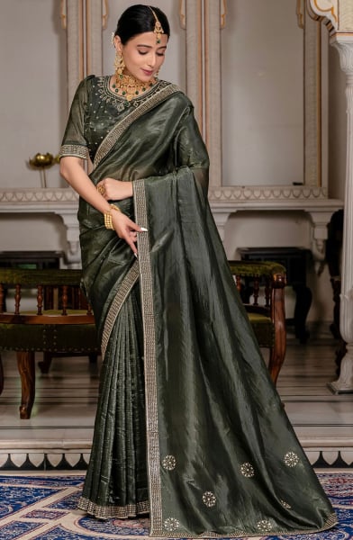 Moss Green Zarkan Embellished Saree for Wedding