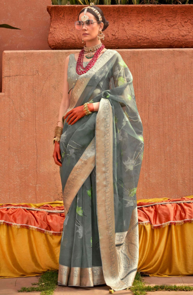 Moss Grey Embellished Floral Print Organza Silk Saree