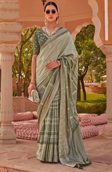 Moss Grey Embellished Silk Saree