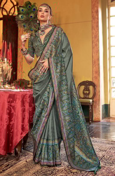 Moss Grey Embellished Viscose Silk Saree