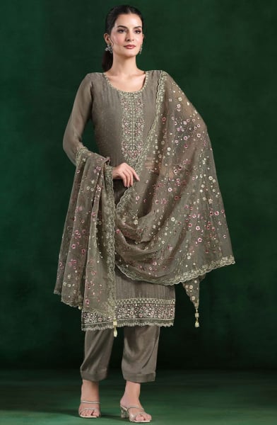 Moss Grey Embroidered Crinkle Chiffon Pant Kameez