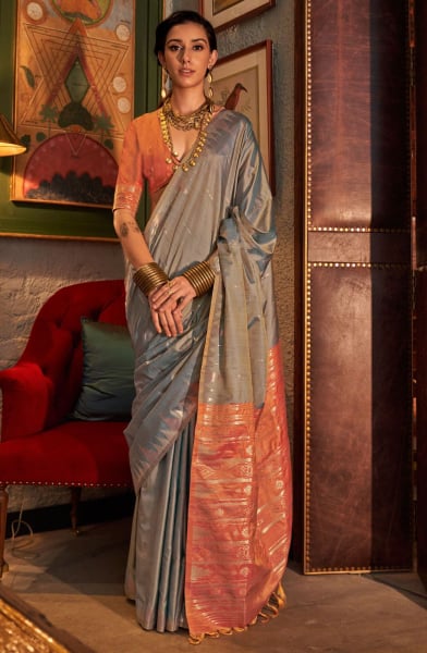 Moss Grey Handloom Weaving Tussar Silk Saree