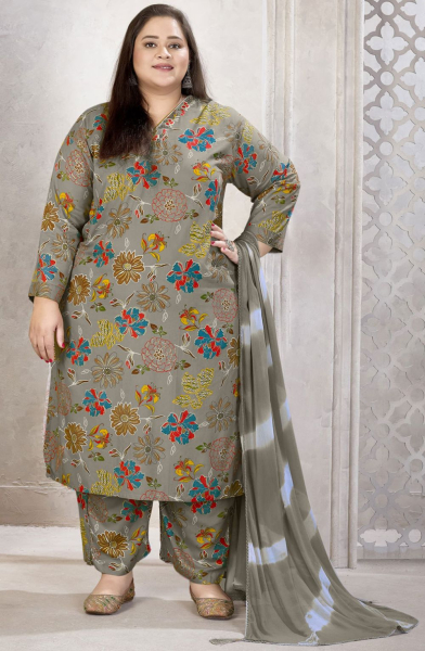 Moss Grey Printed Rayon Readymade Plus Size Suit