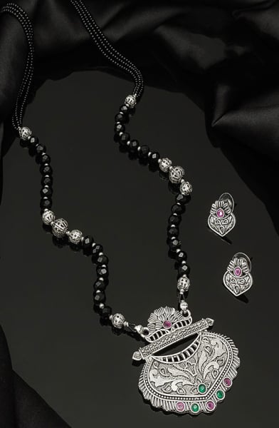 Silver Oxidized Mangalsutra with Earrings