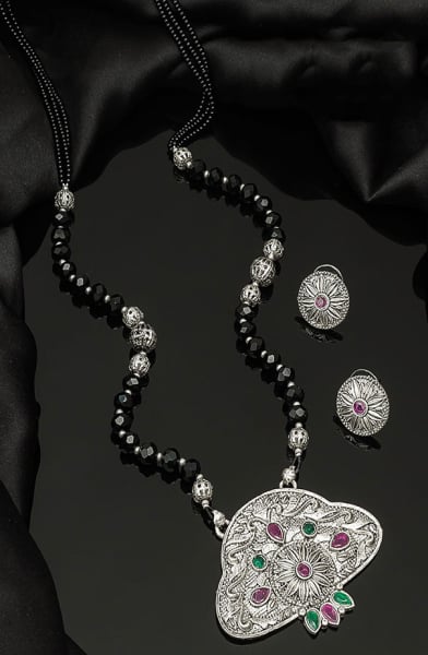 Silver Oxidized Mangalsutra with Earrings