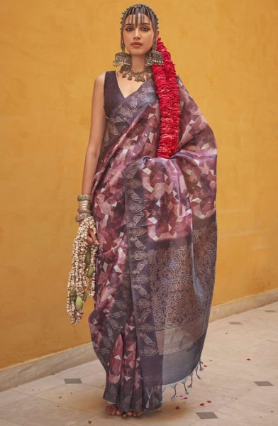 Multicolor Abstract Print Silk Saree with Weaving