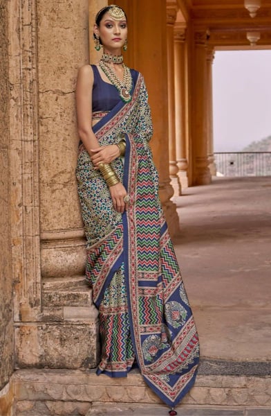 Multicolor Ajrakh Print Viscose Silk Saree