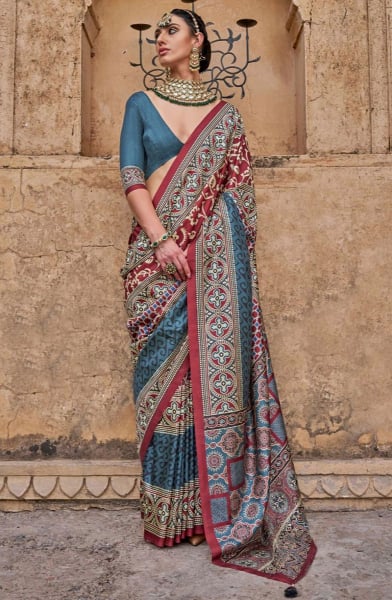 Multicolor Ajrakh Print Viscose Silk Saree