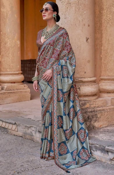 Multicolor Ajrakh Print Viscose Silk Saree