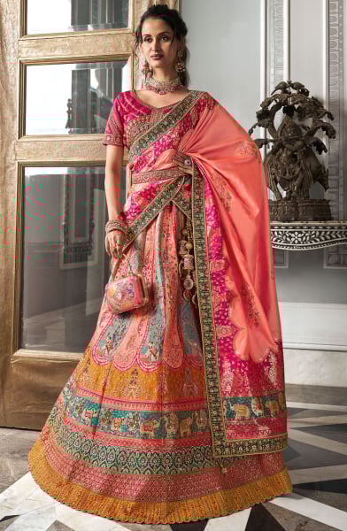Multicolor Banarasi Silk Designer Bridal Lehenga Set