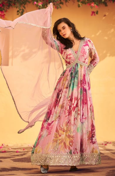 Multicolor Chinnon Silk Anarkali Gown with Dupatta