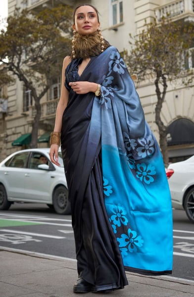 Multicolor Digital Print Satin Crepe Saree