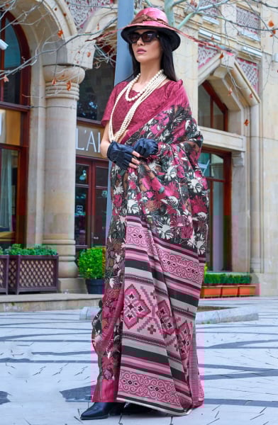 Multicolor Digital Print Satin Crepe Saree