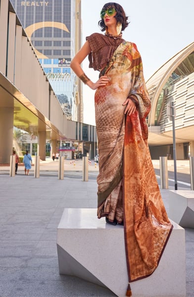 Multicolor Digital Print Swiss Satin Saree