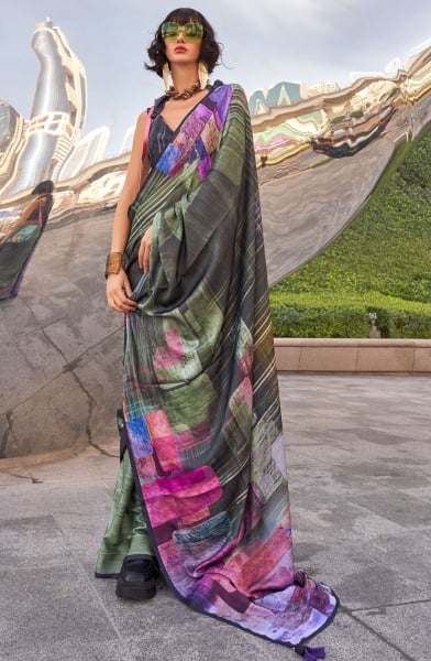Multicolor Digital Print Swiss Satin Saree