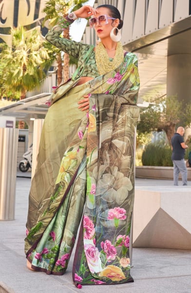 Multicolor Digital Print Swiss Satin Saree