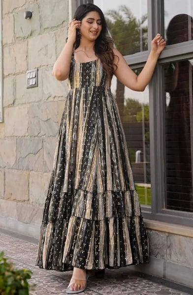 Multicolor Digital Printed Flared Rayon Gown