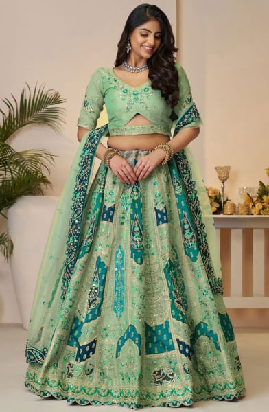 Multicolor Embroidered Banarasi Silk Bridal Lehenga Choli