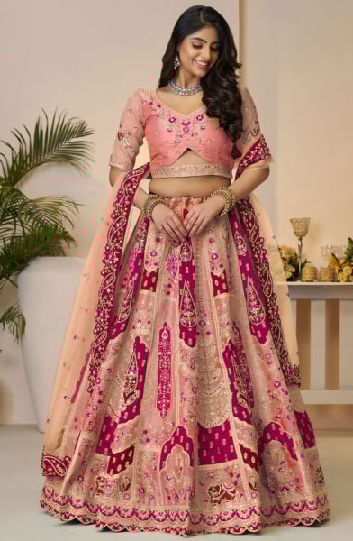 Multicolor Embroidered Banarasi Silk Bridal Lehenga Choli