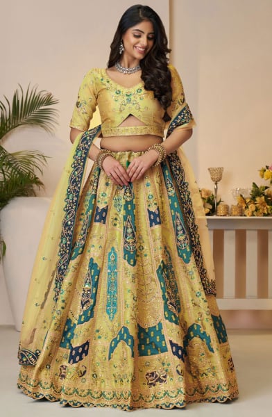 Multicolor Embroidered Banarasi Silk Bridal Lehenga Choli