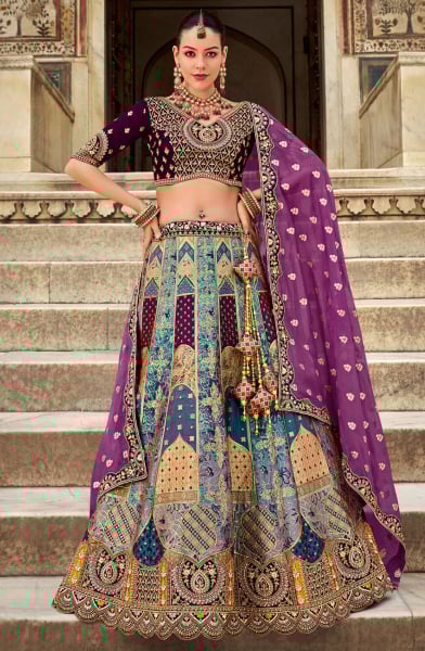Multicolor Embroidered Banarasi Silk Designer Lehenga Set