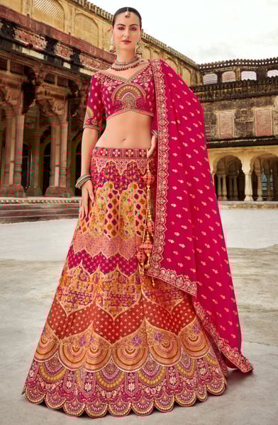 Multicolor Embroidered Banarasi Silk Designer Lehenga Set