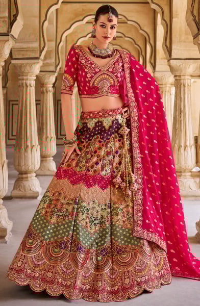 Multicolor Embroidered Banarasi Silk Designer Lehenga Set