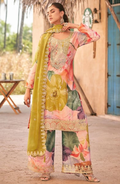 Multicolor Embroidered Chinnon Palazzo Kameez