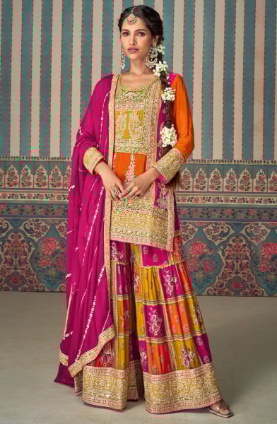 Multicolor Embroidered Chinnon Silk Designer Palazzo Suit