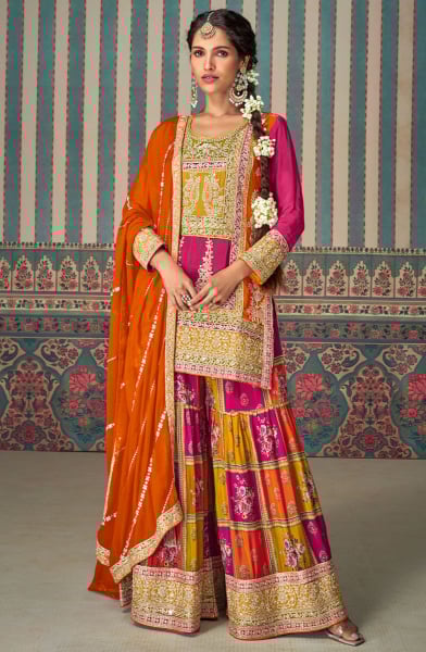 Multicolor Embroidered Chinnon Silk Designer Palazzo Suit