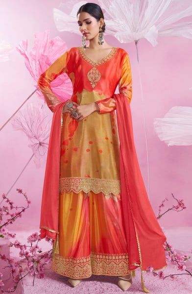 Multicolor Embroidered Chinnon Silk Palazzo Kameez