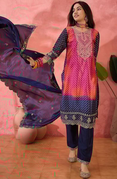 Multicolor Embroidered Chinnon Silk Readymade Suit