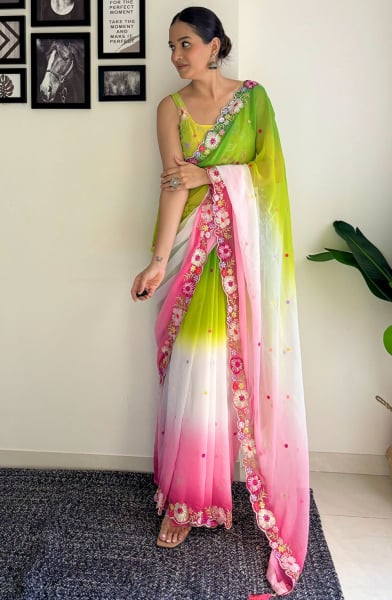 Multicolor Embroidered Faux Georgette Saree