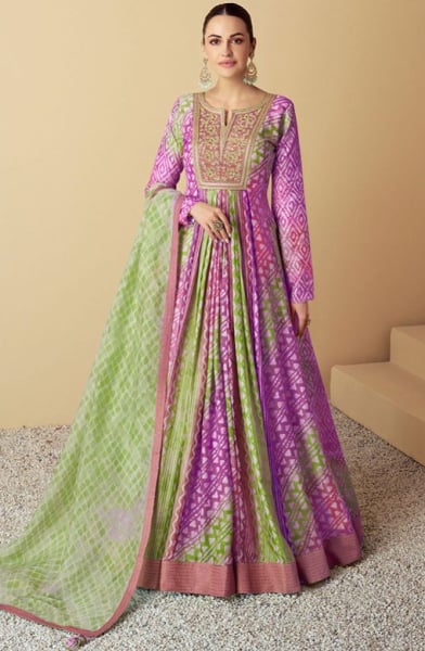 Multicolor Embroidered Muslin Anarkali Gown with Dupatta