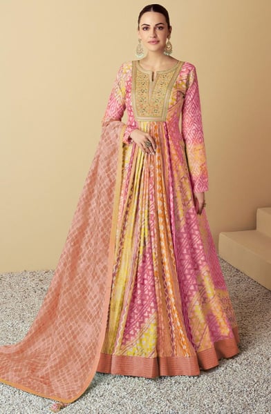 Multicolor Embroidered Muslin Anarkali Gown with Dupatta