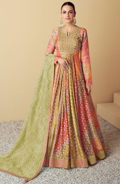 Multicolor Embroidered Muslin Anarkali Gown with Dupatta