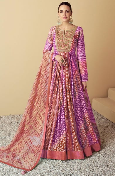 Multicolor Embroidered Muslin Anarkali Gown with Dupatta