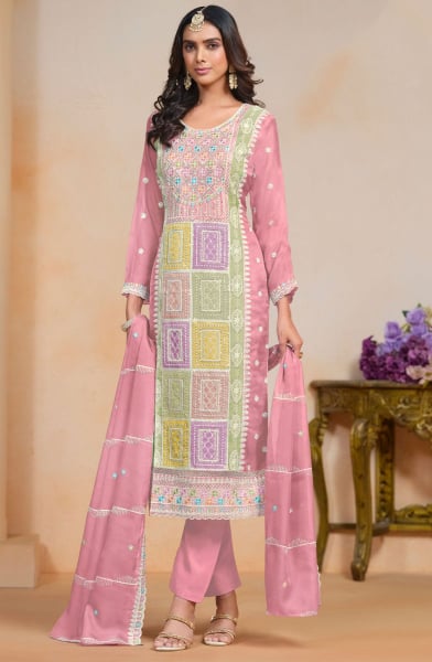 Multicolor Embroidered Organza Pant Kameez