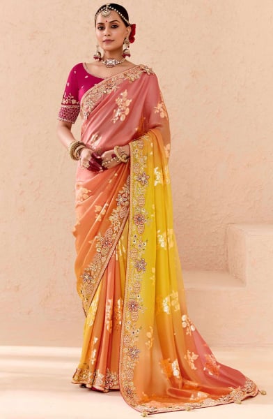 Multicolor Embroidered Viscose Bemberg Designer Saree
