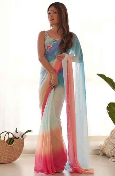 Multicolor Faux Georgette Saree with Embroidered Blouse