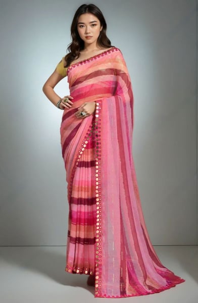 Multicolor Leheriya Print Chiffon Saree